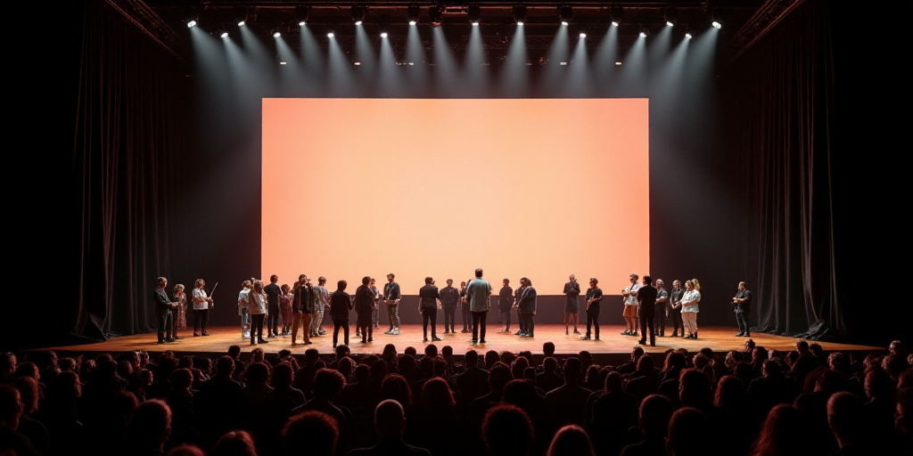 a group of people standing on a stage with a large screen behind them and a group of people standing