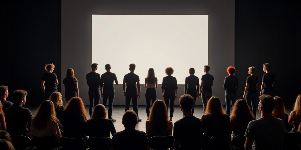 a group of people standing on a stage with a large screen behind them and a group of people standing