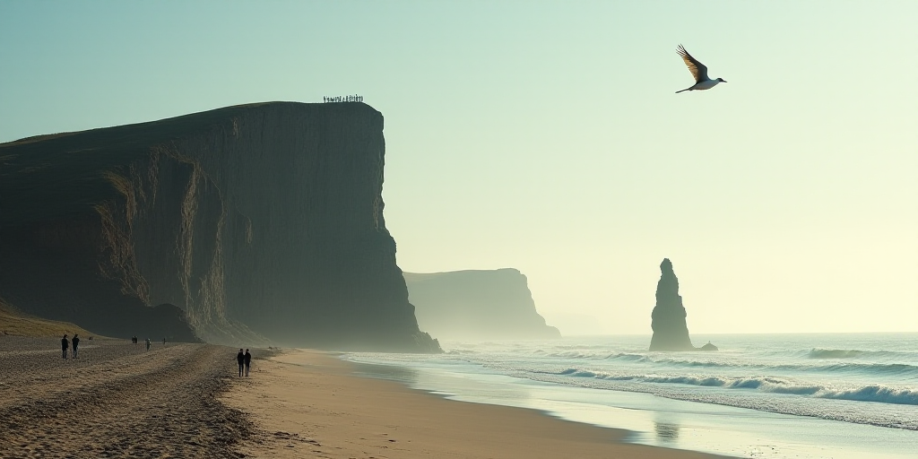 a group of people standing on top of a beach next to the ocean with a bird flying over the top of a