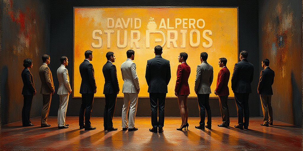 a group of people standing on a stage with a screen behind them and a painting behind them that says