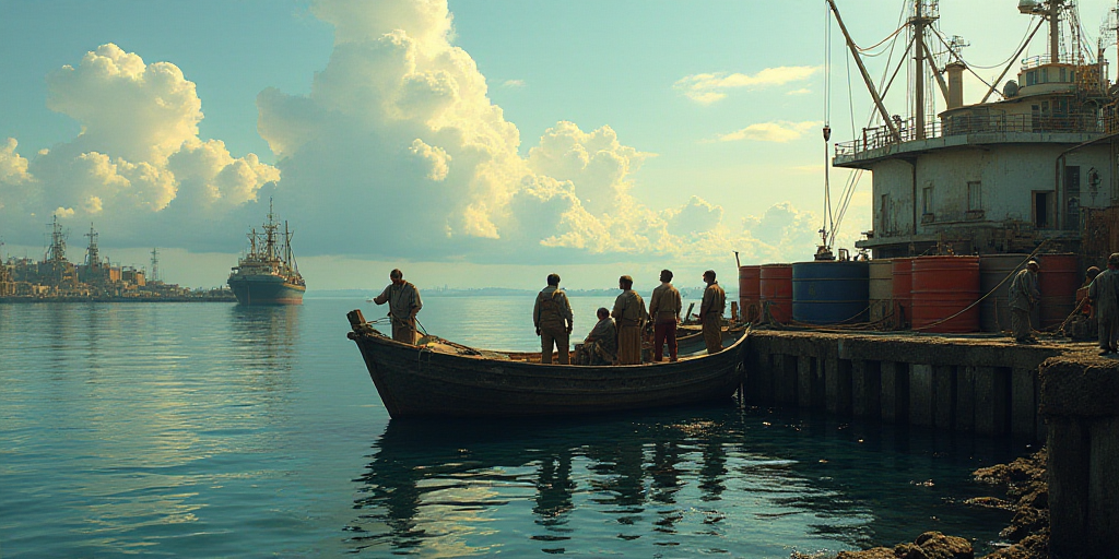a group of people standing on a boat in the water near a dock with a bunch of barrels on it, Dahlov