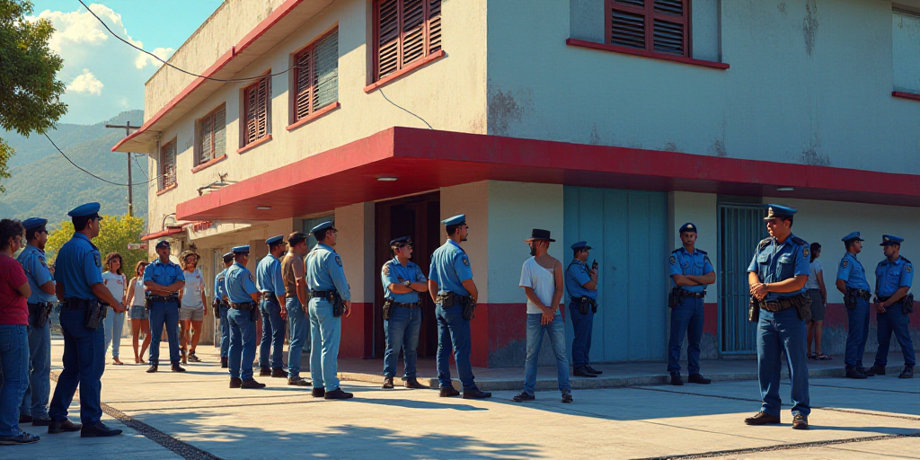 a group of people standing outside of a building with police standing outside of it and a man in a p