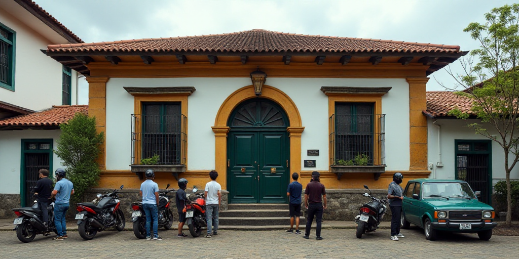 a group of people standing outside of a building with motorcycles parked in front of it and a car pa