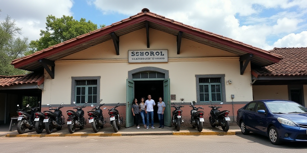 a group of people standing outside of a building with motorcycles parked in front of it and a car pa