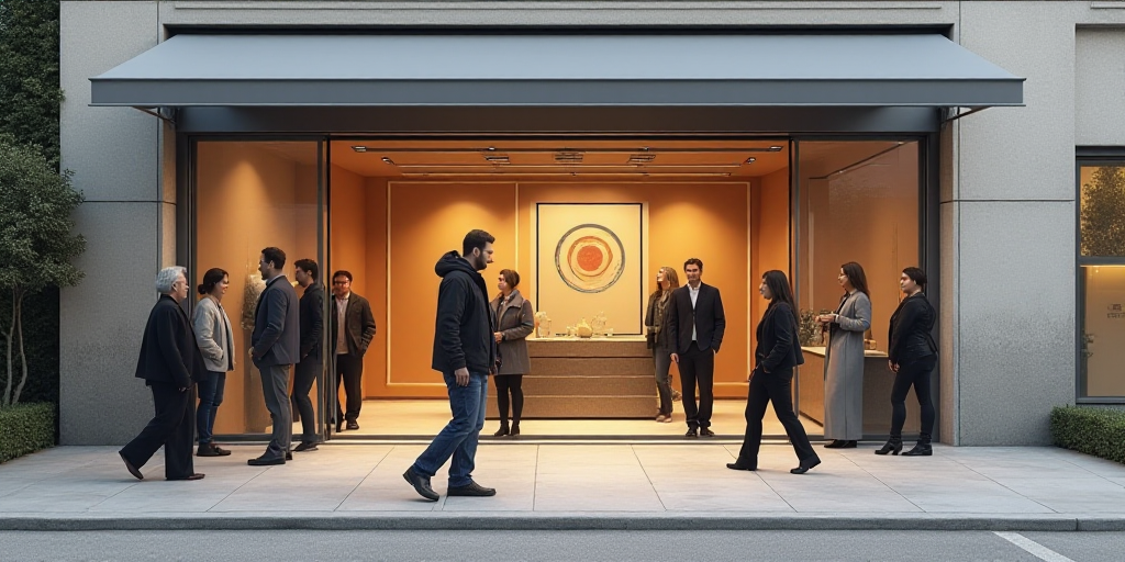 a group of people standing outside of a store front with a man walking by the store front door and a