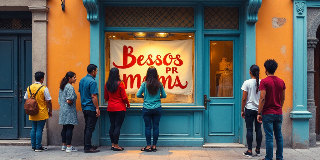 a group of people standing outside of a store window with a sign on it that says bessos pr mama, Emm