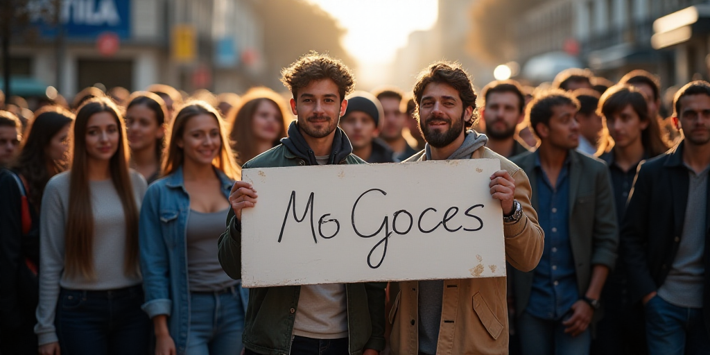 a group of people standing together holding a sign in front of them with a lot of people behind them
