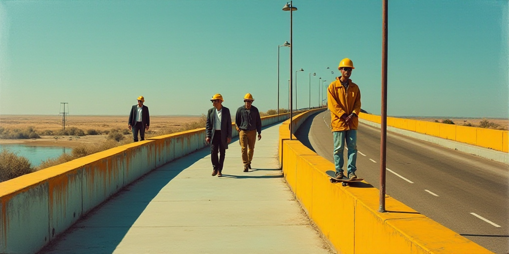 a group of people walking across a bridge with a man in a hard hat on a skateboard next to a yellow