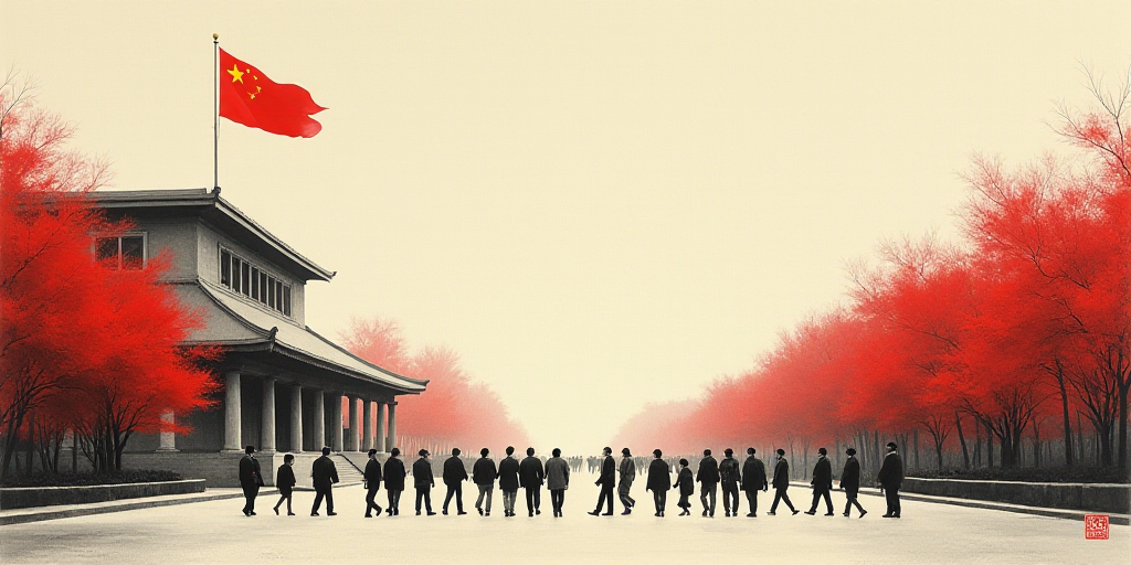 a group of people walking across a street in front of a building with a flag on it's side, Cui Bai,