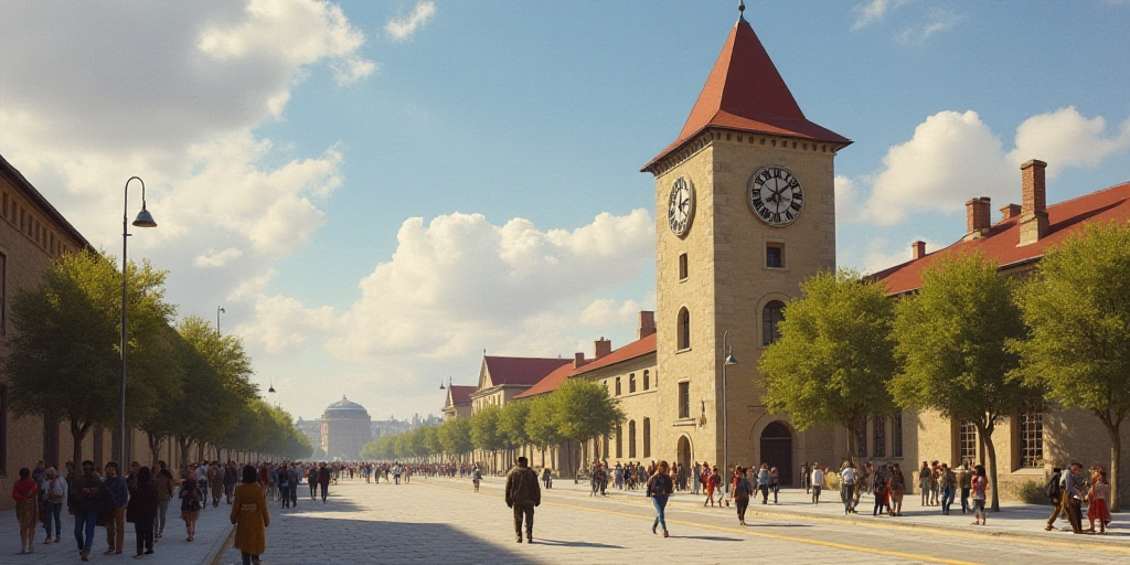 a group of people walking across a street next to a tall building with a clock on it's side, Enguerr