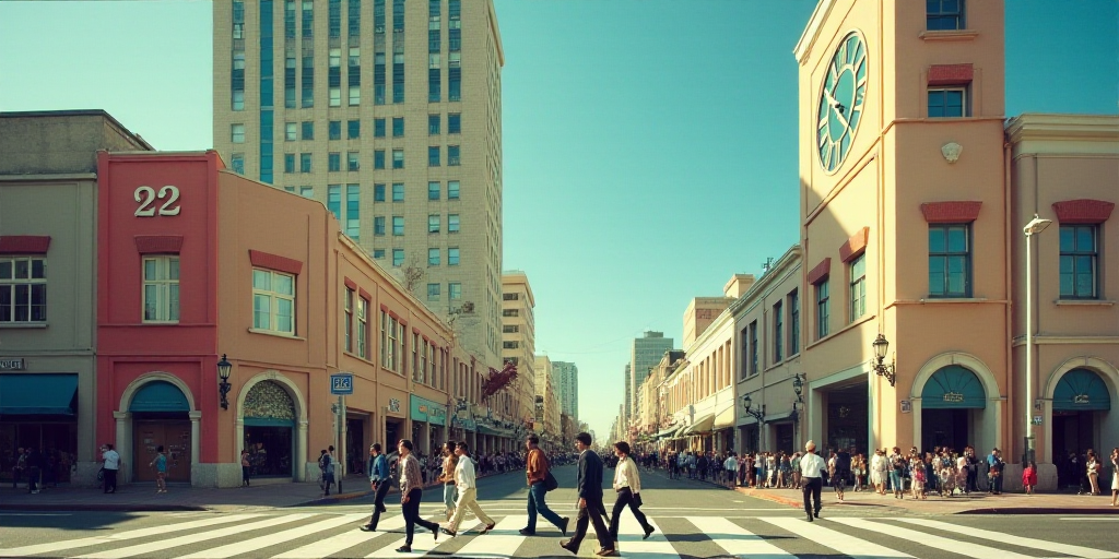 a group of people walking across a street next to a tall building with a clock on it's side, Federic