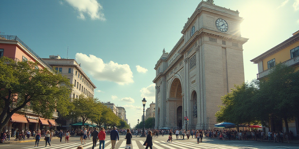 a group of people walking across a street next to a tall building with a clock on it's side, Federic