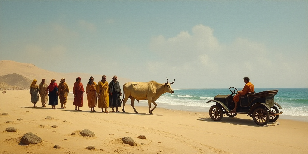 a group of people walking across a sandy beach next to a cow and a car with a man on it, Bouchta El