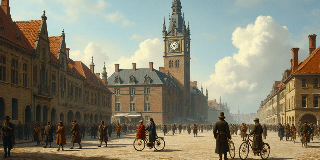 a group of people walking and riding bikes in front of a building with a clock tower on top of it, E