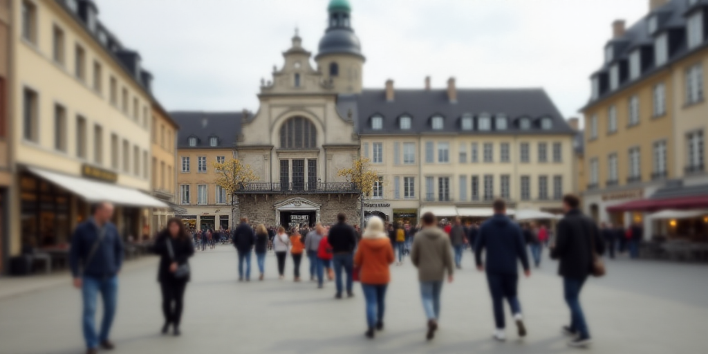 a group of people walking around a city square with a sign that says orleans on it's side, Ceferí O