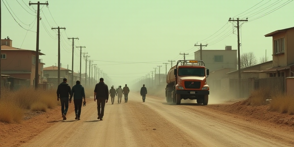 a group of people walking down a dirt road next to a truck and buildings in the background with a tr