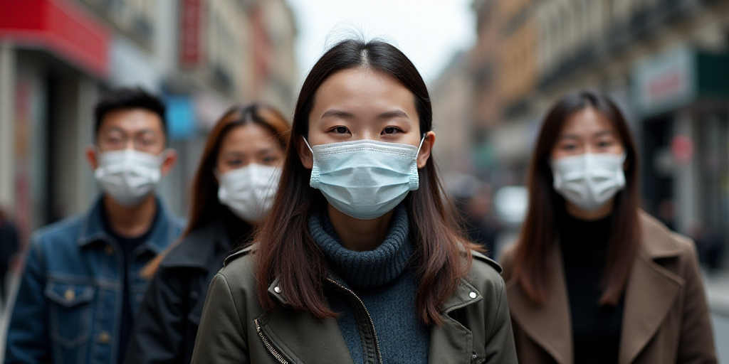 a group of people walking down a street wearing face masks on their faces and looking at the camera