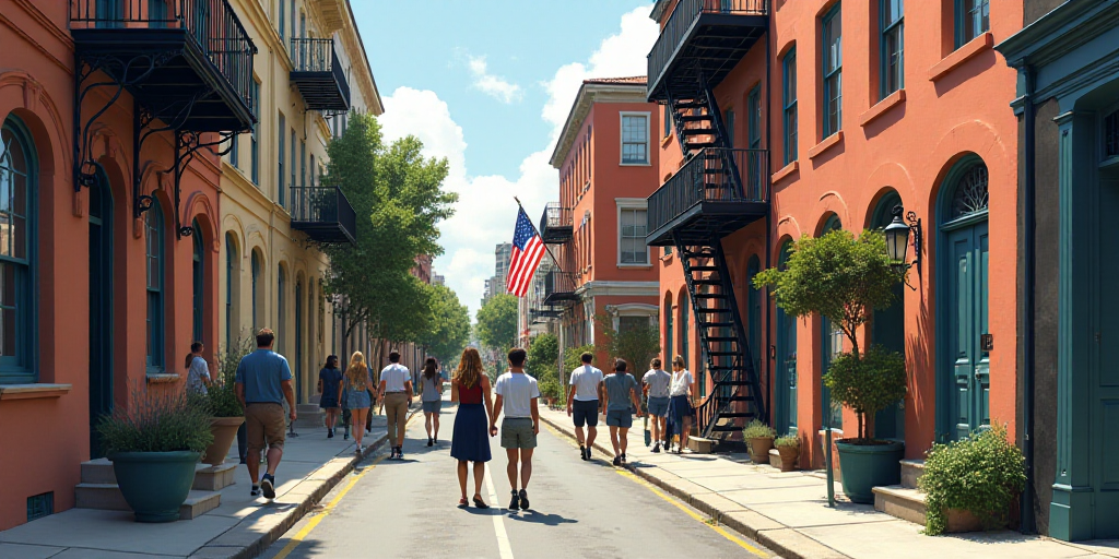 a group of people walking down a sidewalk next to a building with a flag on it and a fire escape, El