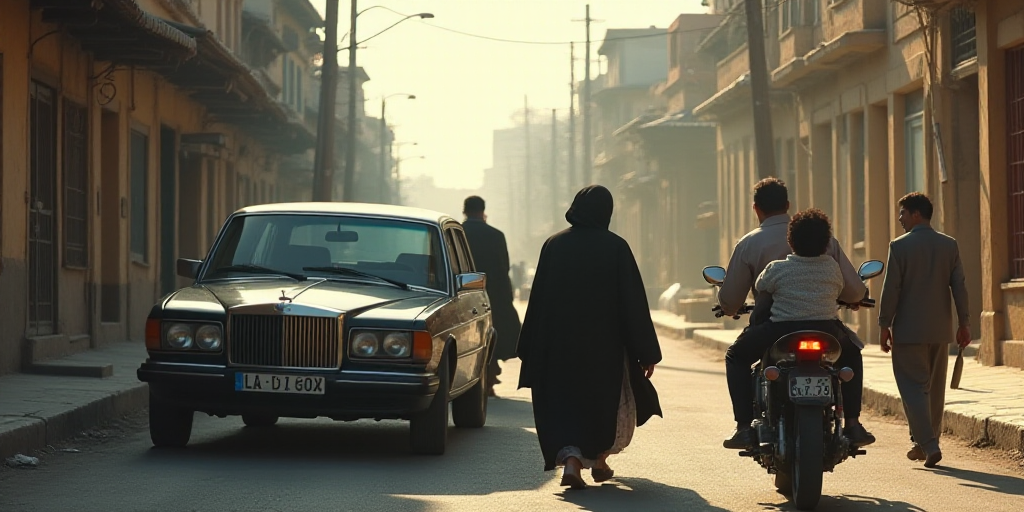 a group of people walking down a street next to a car and a motorcycle with a baby in the back, Abdu
