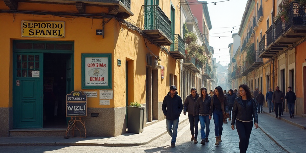 a group of people walking down a street next to a building with a sign on it that says spanish, Arac
