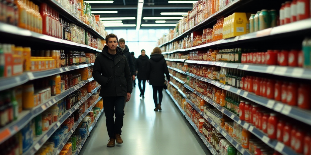 a group of people walking down a aisle of a store filled with food items and drinks on shelves next