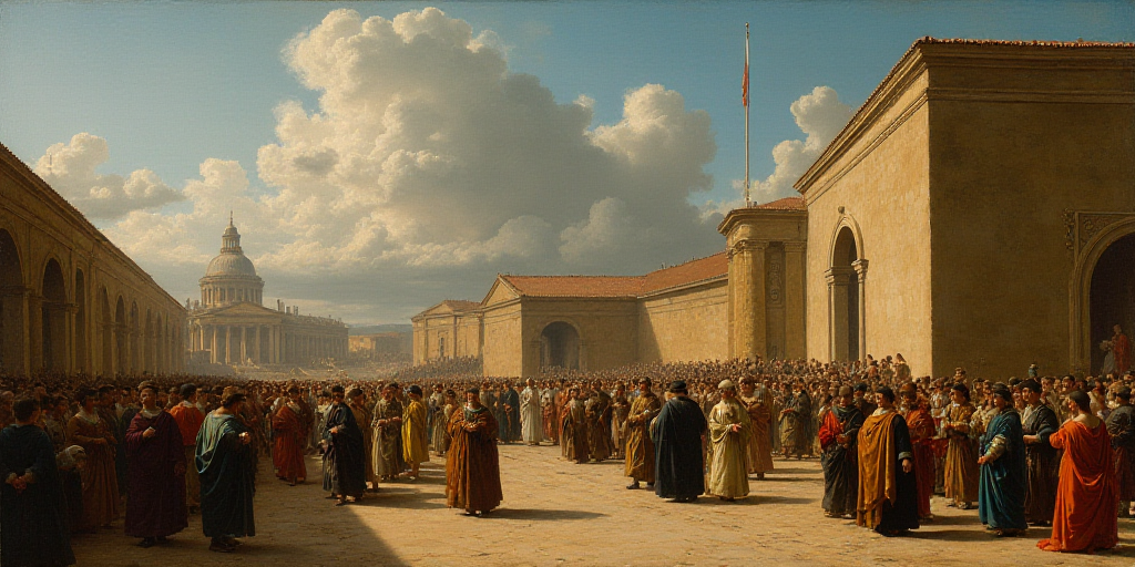 a group of people walking down a street next to a crowd of people standing around a building with a