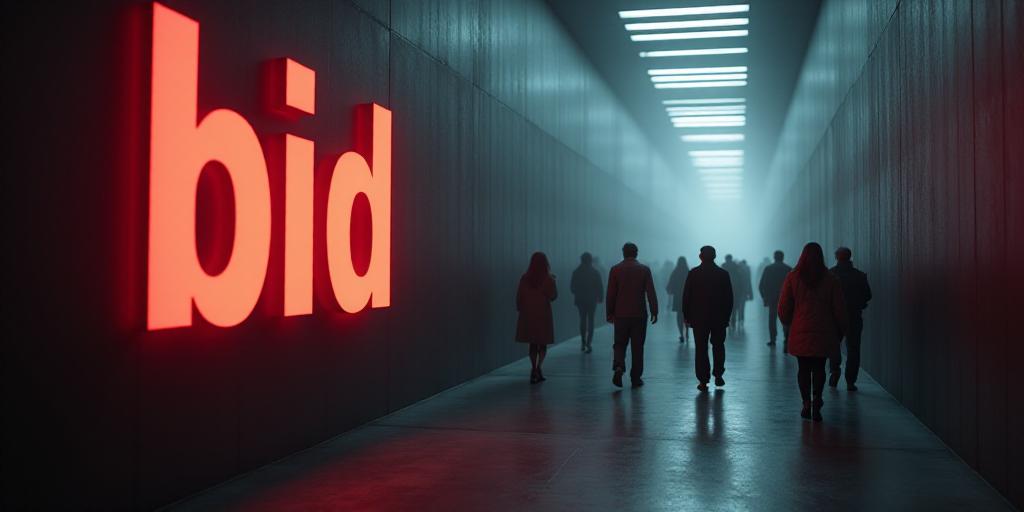 a group of people walking down a hallway next to a big sign that says bid on it's side, Charles Bill