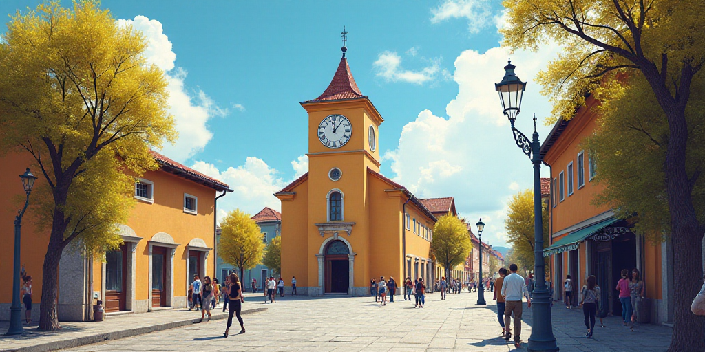 a group of people walking down a street next to a tall building with a clock tower on top of it, Cef