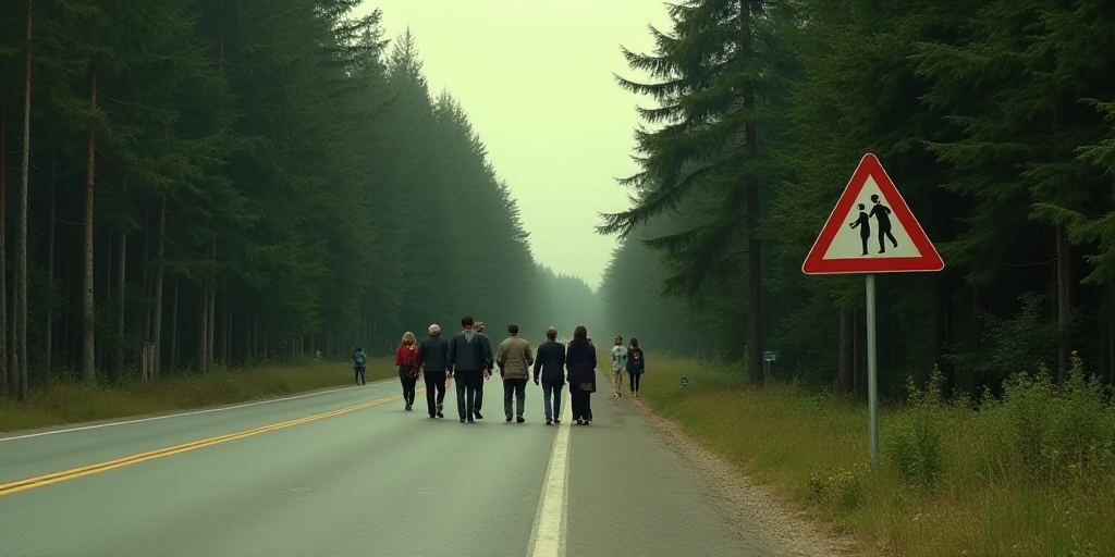 a group of people walking down a street next to a forest and a road sign with a crosswalk, Ceferí O