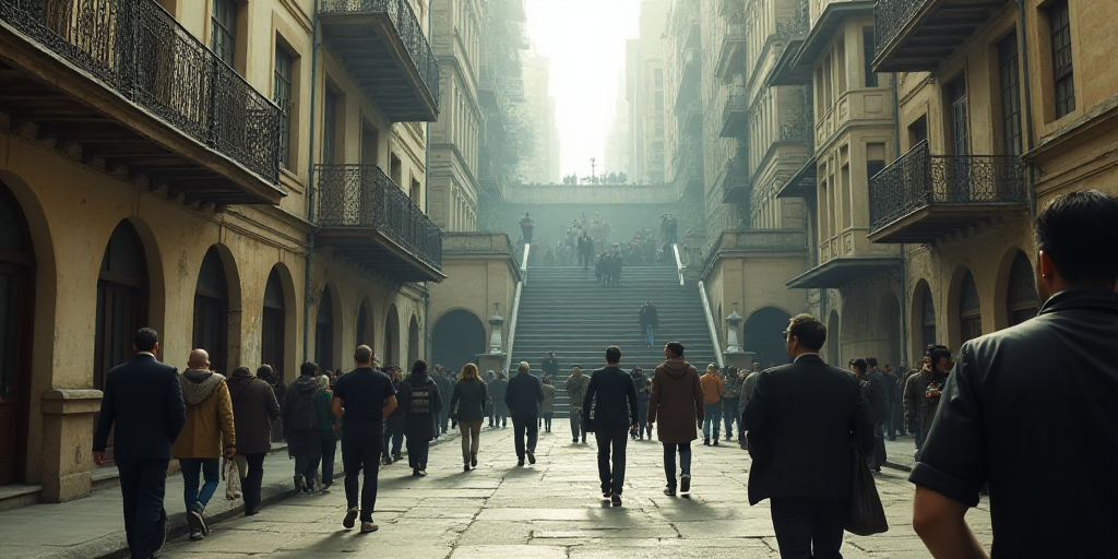 a group of people walking down a street next to a building with a staircase in the background and a