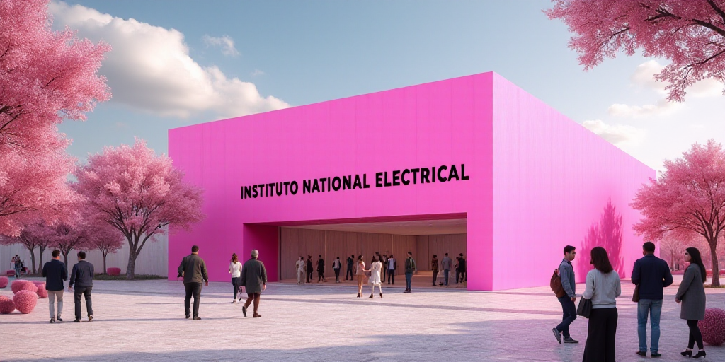 a group of people walking in front of a building with a pink sign on it that says instituto national