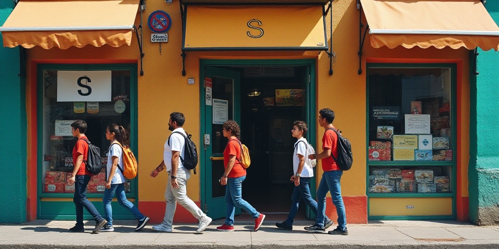 a group of people walking past a store front with a sign that says dollars on it and a bus in the ba