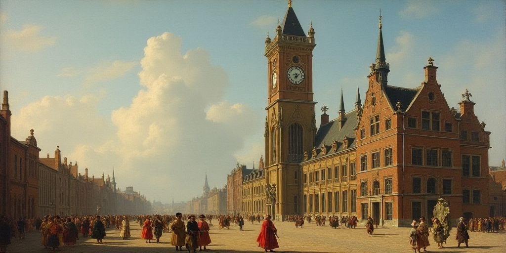 a group of people walking past a tall building with a clock on it's side and a clock on the front of