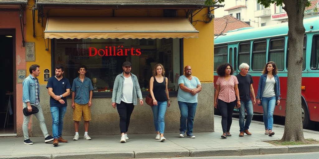 a group of people walking past a store front with a sign that says dollars on it and a bus in the ba