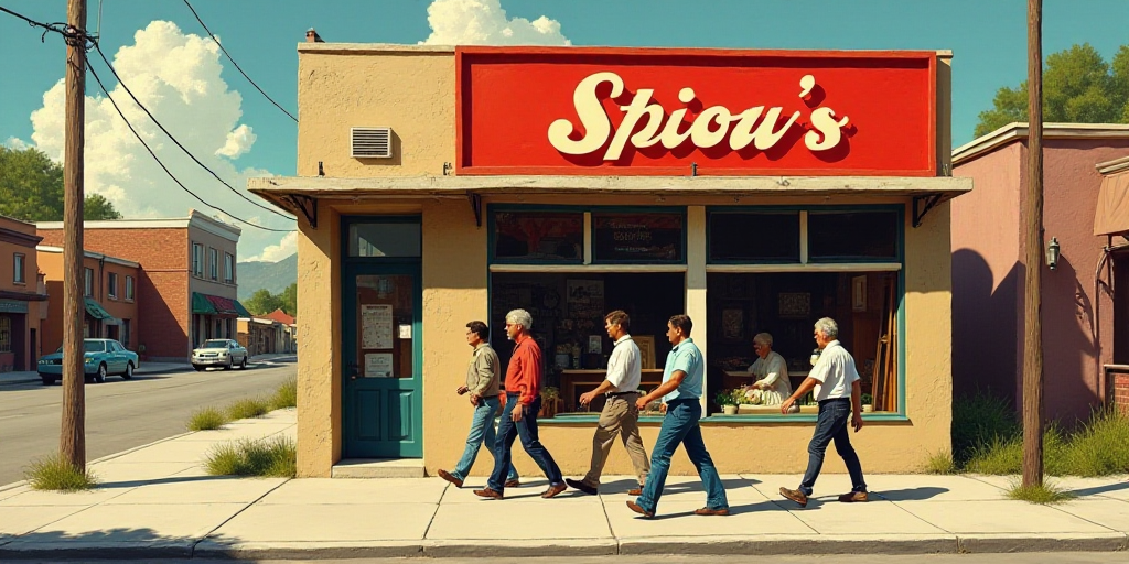 a group of people walking past a store front with a red sign on it's side and a red and white sign o