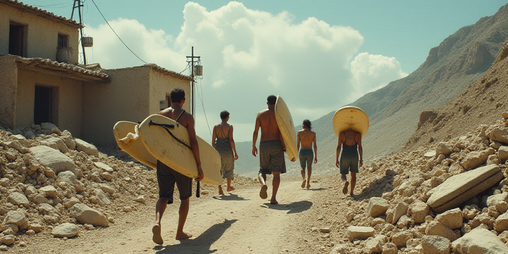 a group of people walking through a rubble covered area with surfboards on their backs and a man car
