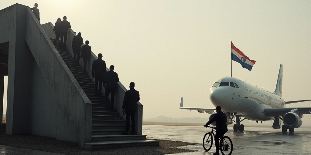 a group of people walking up a flight of stairs to an airplane with a flag on it and a man on a bike