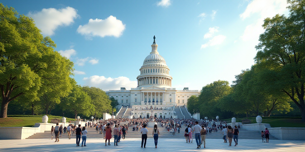 a group of people walking up steps to the capitol building in washington, dc, usa, on a sunny day, A