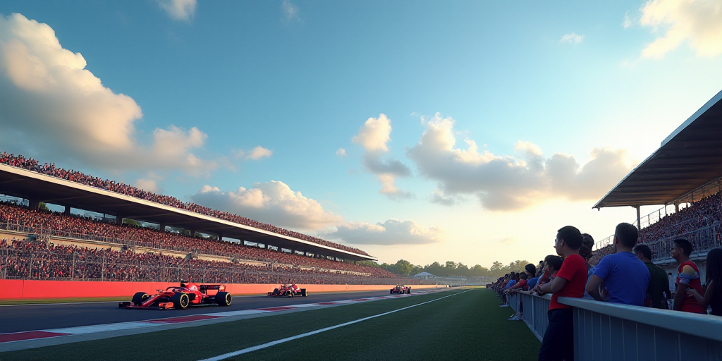 a group of people watching a race on a track with a sky background and a line of cars driving down t