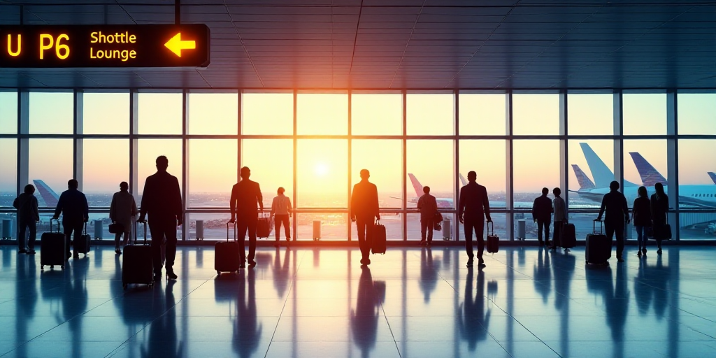 a group of people with luggage walking through an airport terminal with a sign that says parking p6