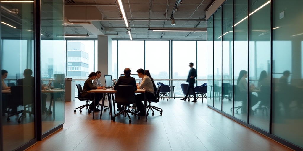 a group of people working in an office with a glass wall and a wooden floor and a large window, Engu