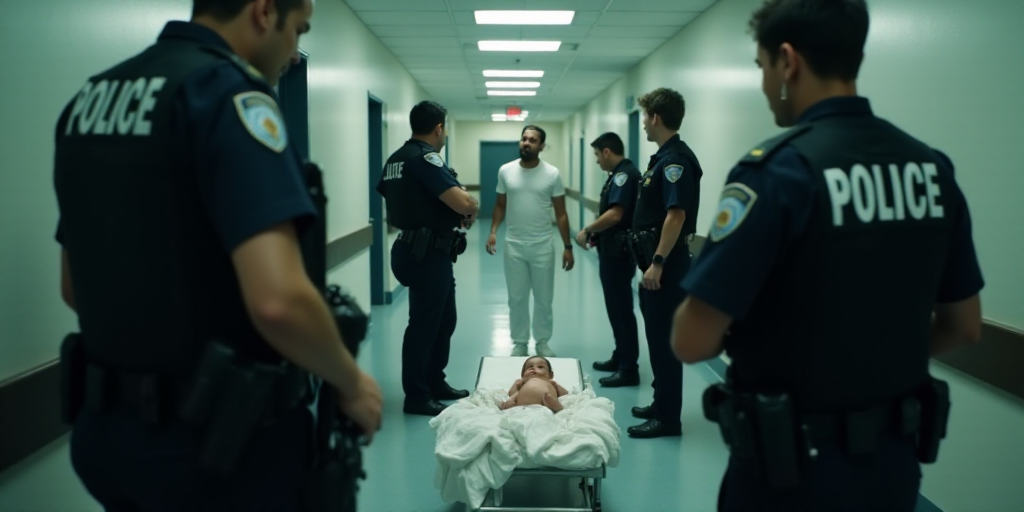 a group of police officers are surrounding a baby in a hospital hallway with a man in a white shirt,