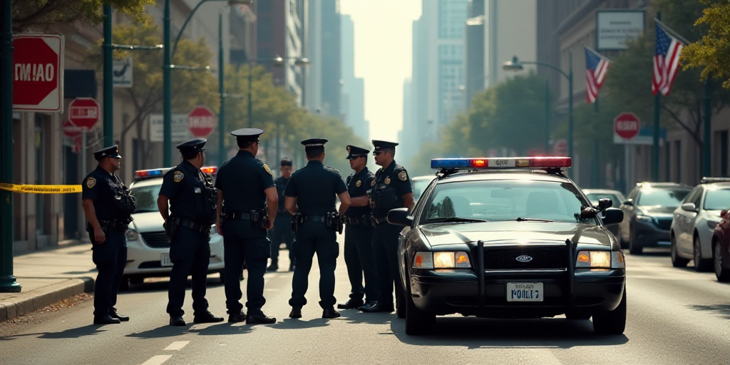 a group of police officers standing next to a police car on a street with police tape on the ground,