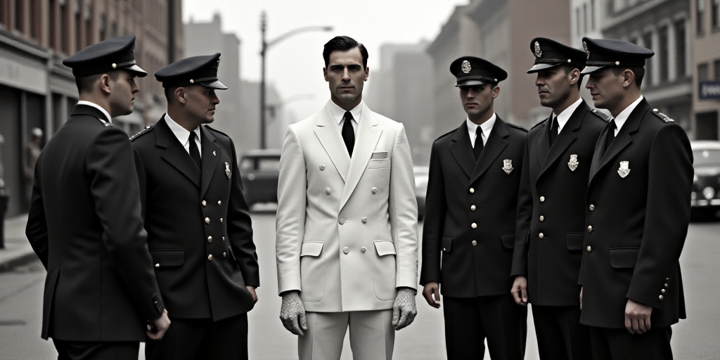 a group of police officers standing around a man in a white suit and blue gloves on a street corner,