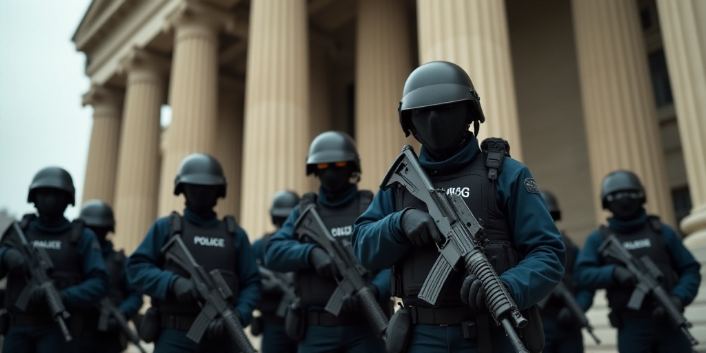 a group of police officers with guns in front of a building with columns and columns on it, with a m