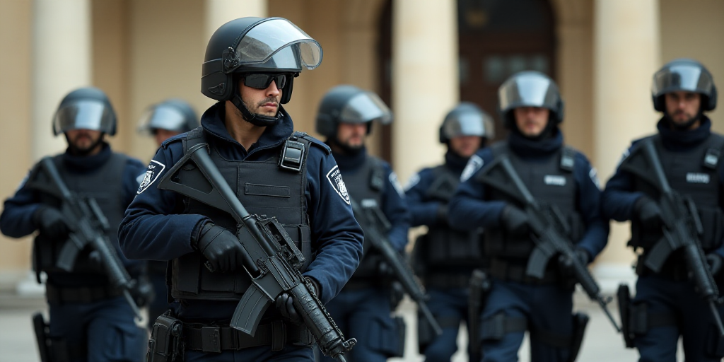 a group of police officers with guns in front of a building with columns and columns on it, with a m