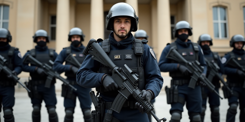 a group of police officers with guns in front of a building with columns and columns on it, with a m
