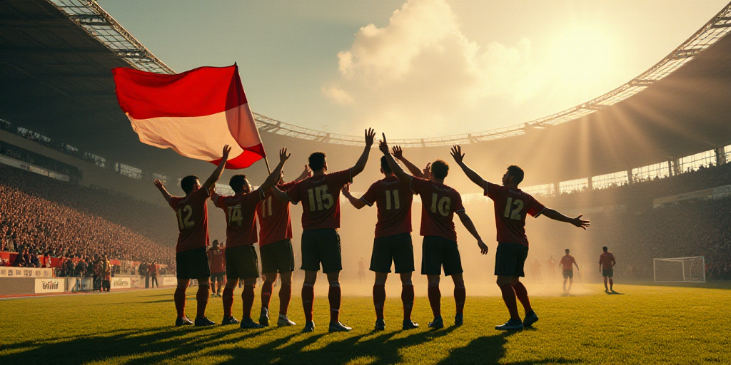 a group of soccer players celebrating a goal with a flag in the background and a banner in the air,