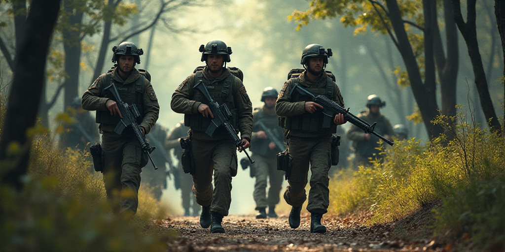 a group of soldiers are walking through the woods together with their weapons in hand and wearing ca