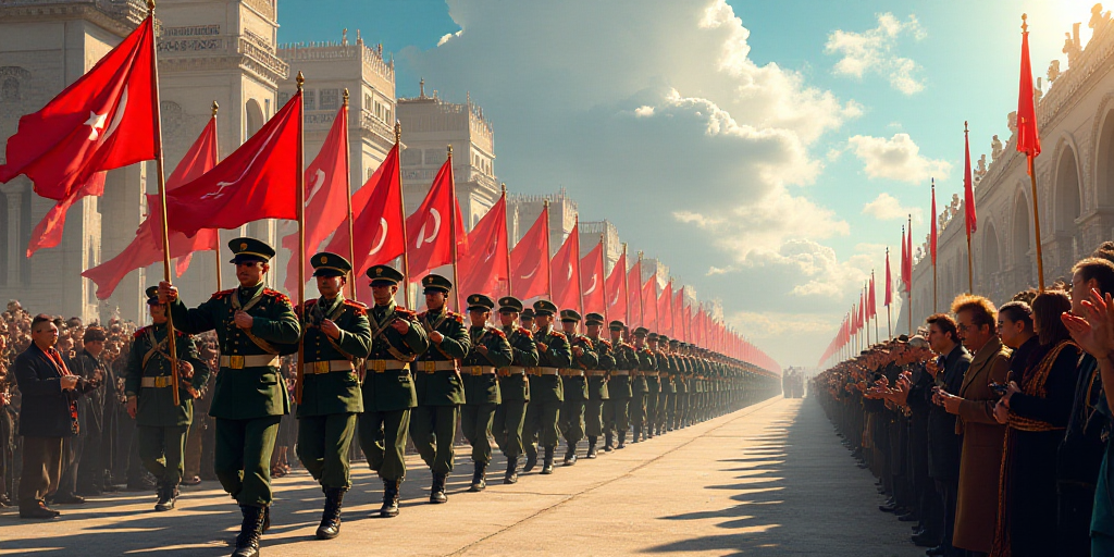 a group of soldiers marching with flags in a parade with people watching them from the stands and lo